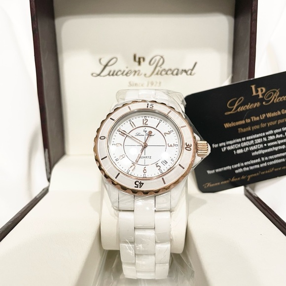 NWT Vintage LUCIEN PICCARD White Ceramic Stainless Steel Quartz Gold Watch NEW